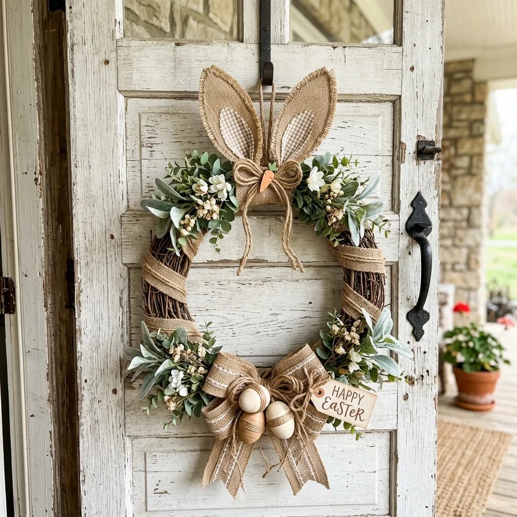 Farmhouse burlap bunny ear Easter wreath